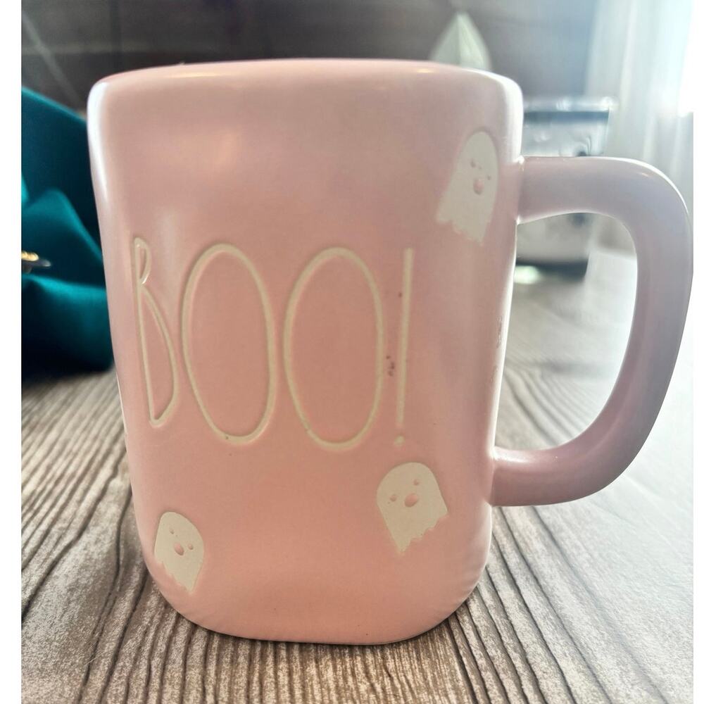 Rae Dunn BOO!  Halloween Coffee Mug pastel pink with cute white ghosts